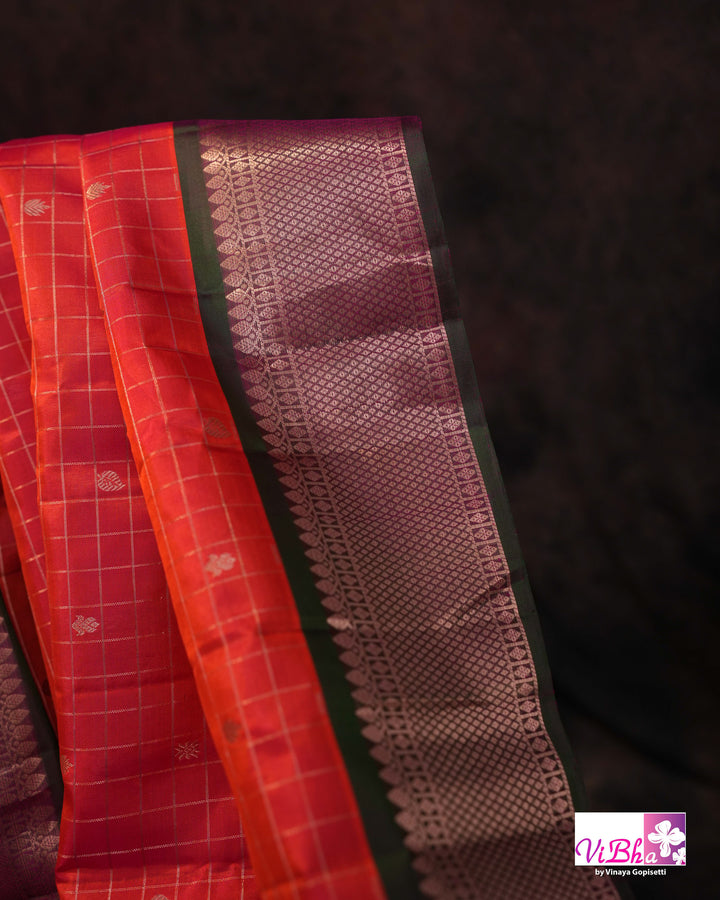 Orange-Red Kanchi Silk Saree with Blouse &amp; Purple Border