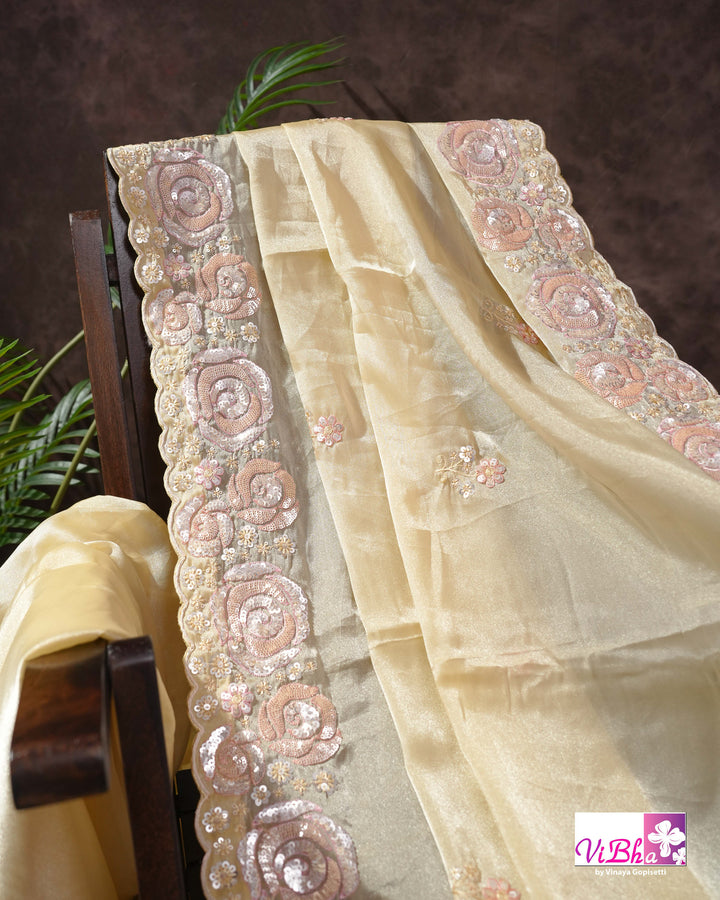 Butter Yellow Designer Saree with Blush Pink Floral Embellishments