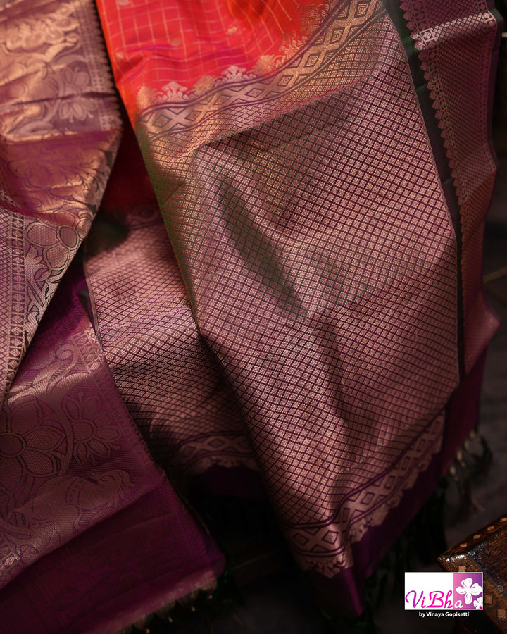 Orange-Red Kanchi Silk Saree with Blouse &amp; Purple Border