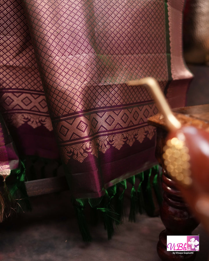 Orange-Red Kanchi Silk Saree with Blouse &amp; Purple Border