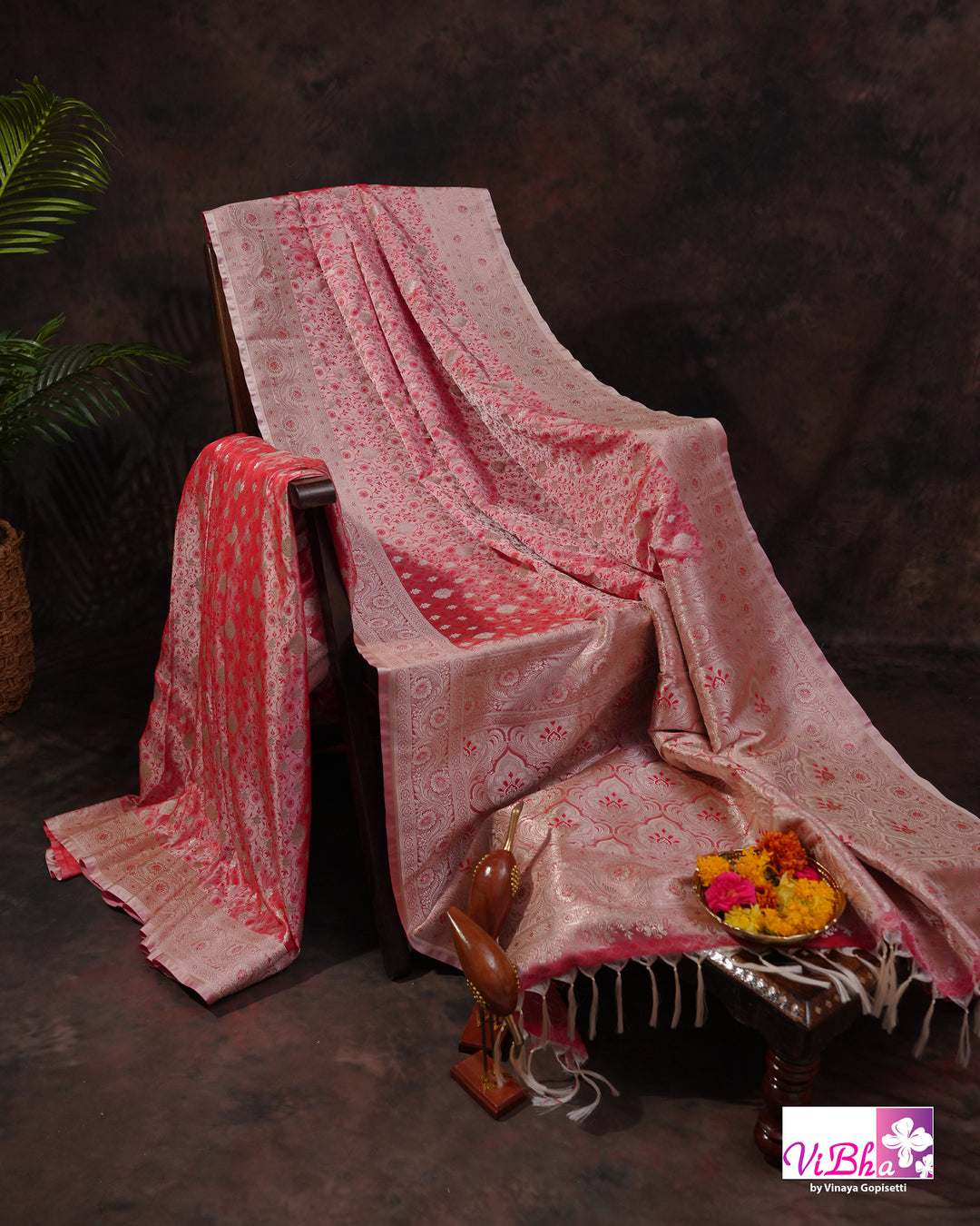 Pink and silver dual tone Jangla  saree