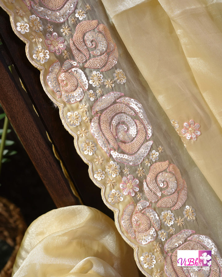 Butter Yellow Designer Saree with Blush Pink Floral Embellishments