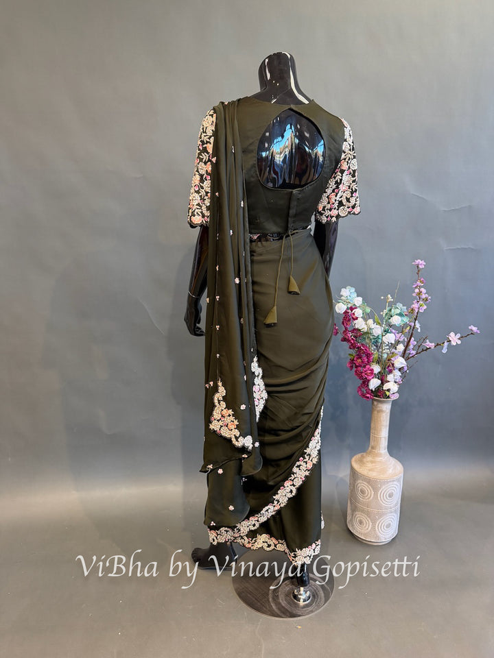 Dark Mehendi green Pre draped saree and blouse