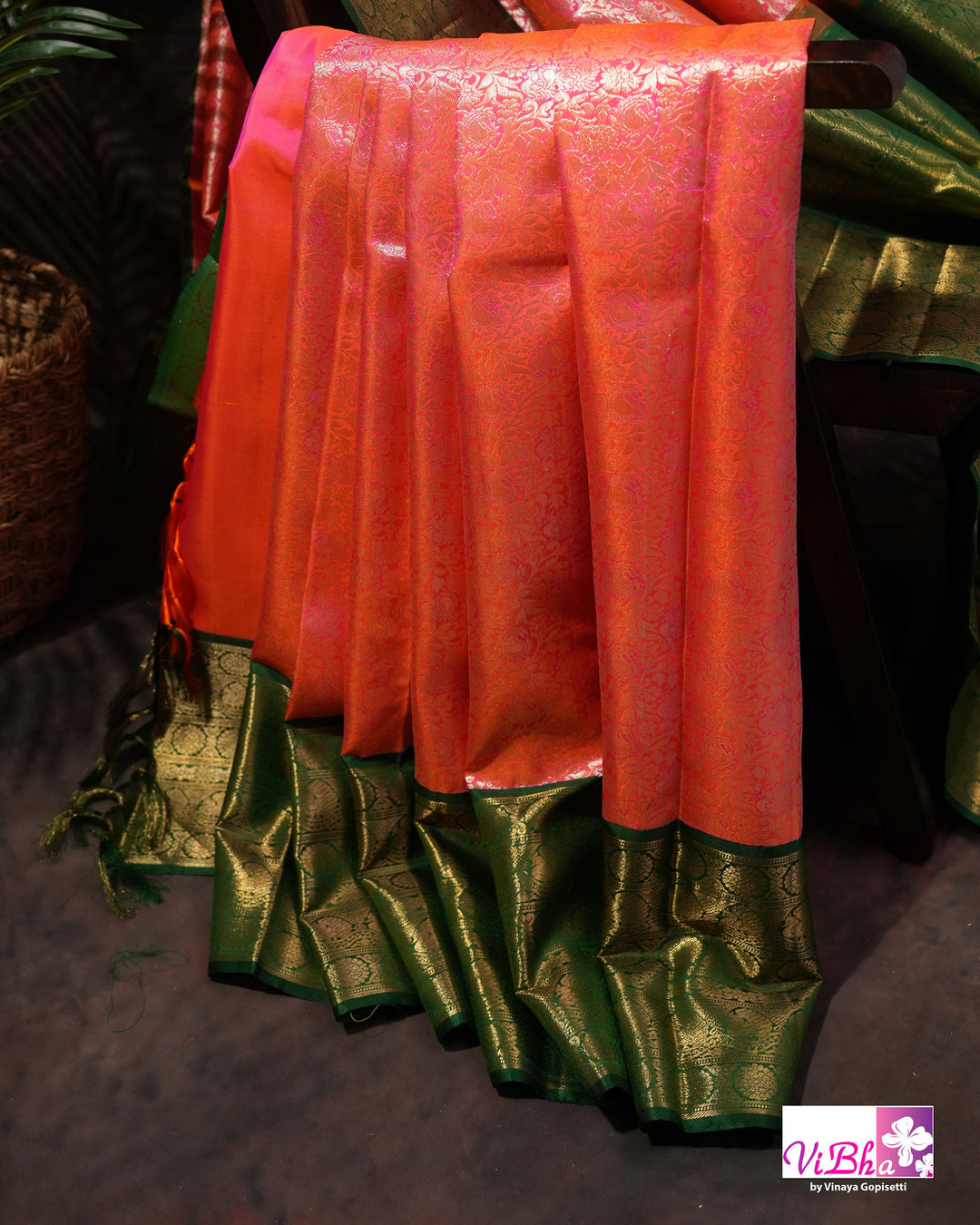 Coral Pink Kanchi Silk Saree with Floral Woven Design and Forest Green Gold Border