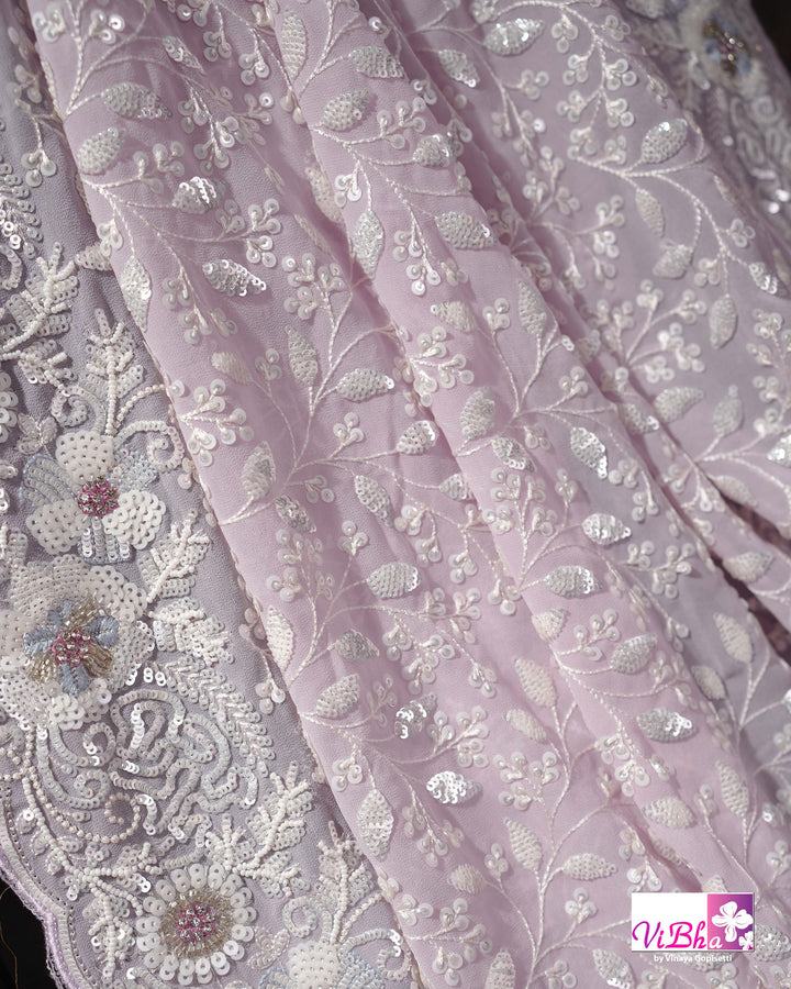 Pale Lilac Designer Saree with All-Over Floral Work and Scalloped Border