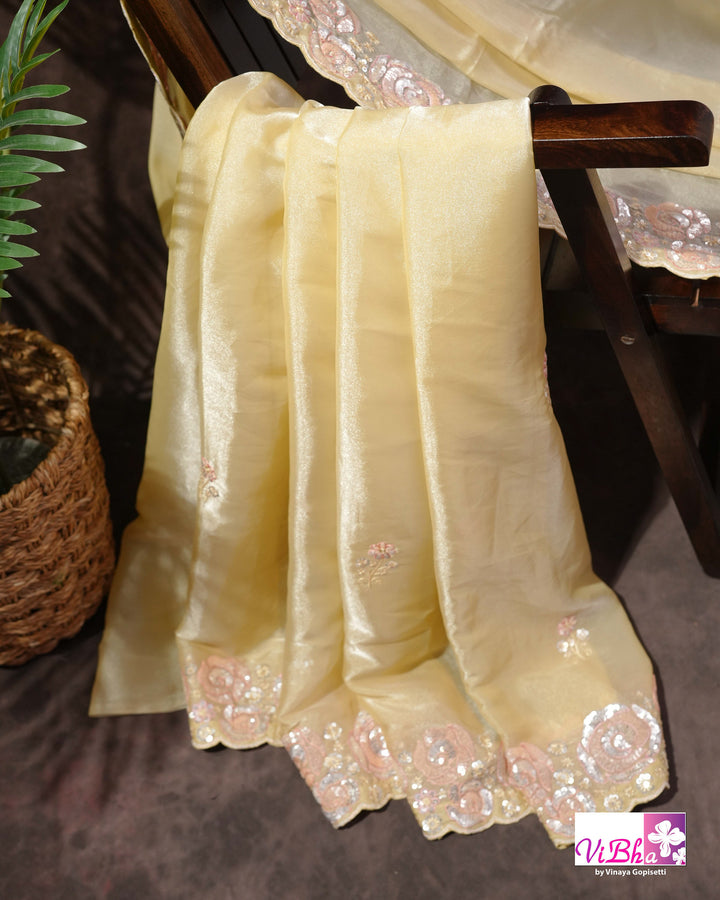 Butter Yellow Designer Saree with Blush Pink Floral Embellishments