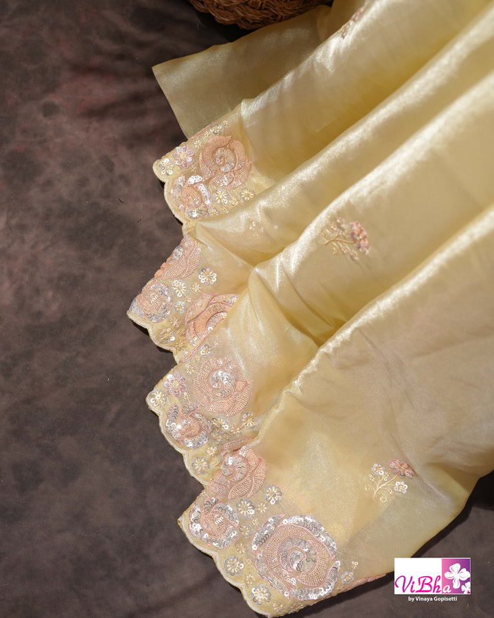 Butter Yellow Designer Saree with Blush Pink Floral Embellishments