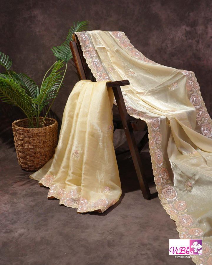 Butter Yellow Designer Saree with Blush Pink Floral Embellishments