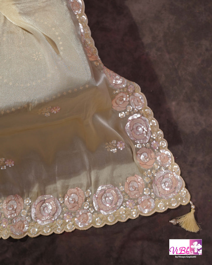 Butter Yellow Designer Saree with Blush Pink Floral Embellishments