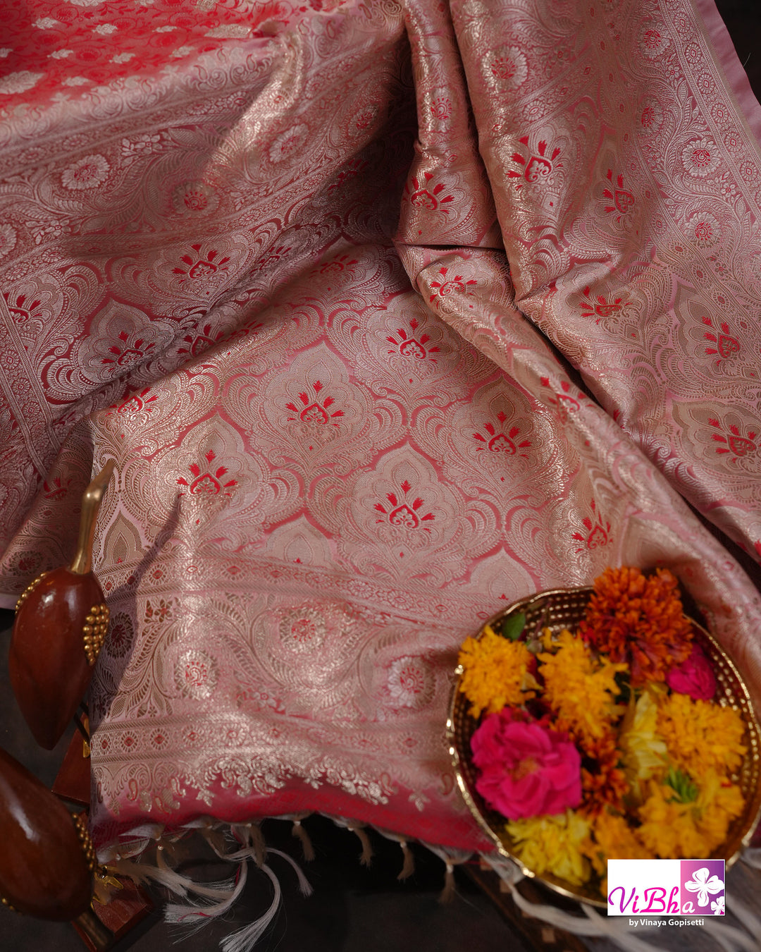 Pink and silver dual tone Jangla  saree
