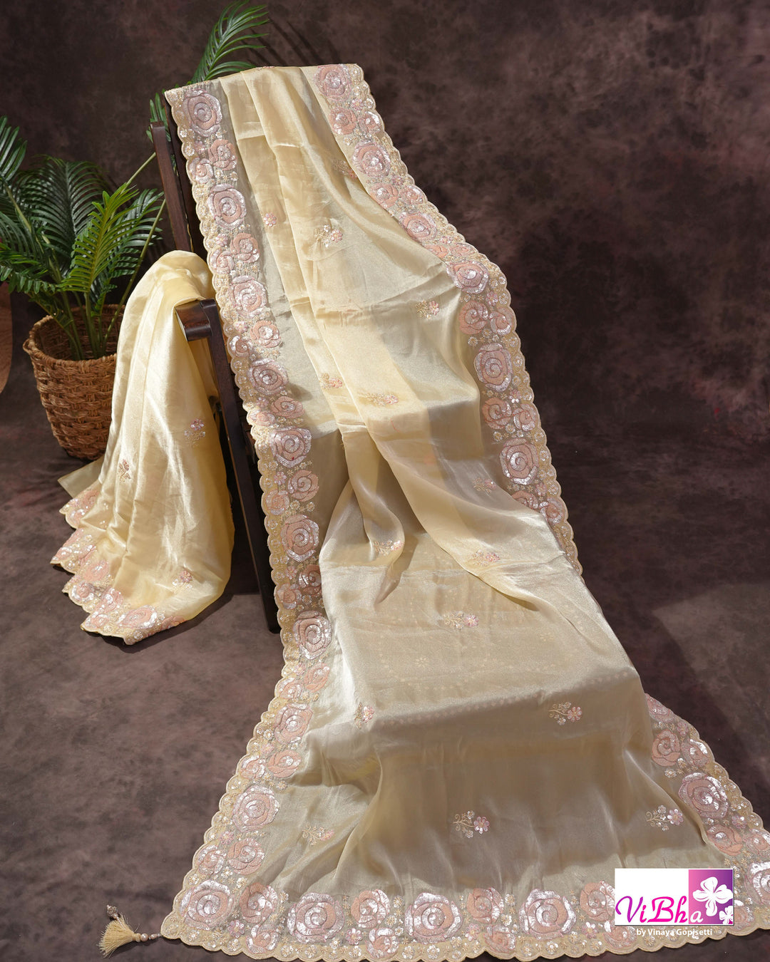 Butter Yellow Designer Saree with Blush Pink Floral Embellishments