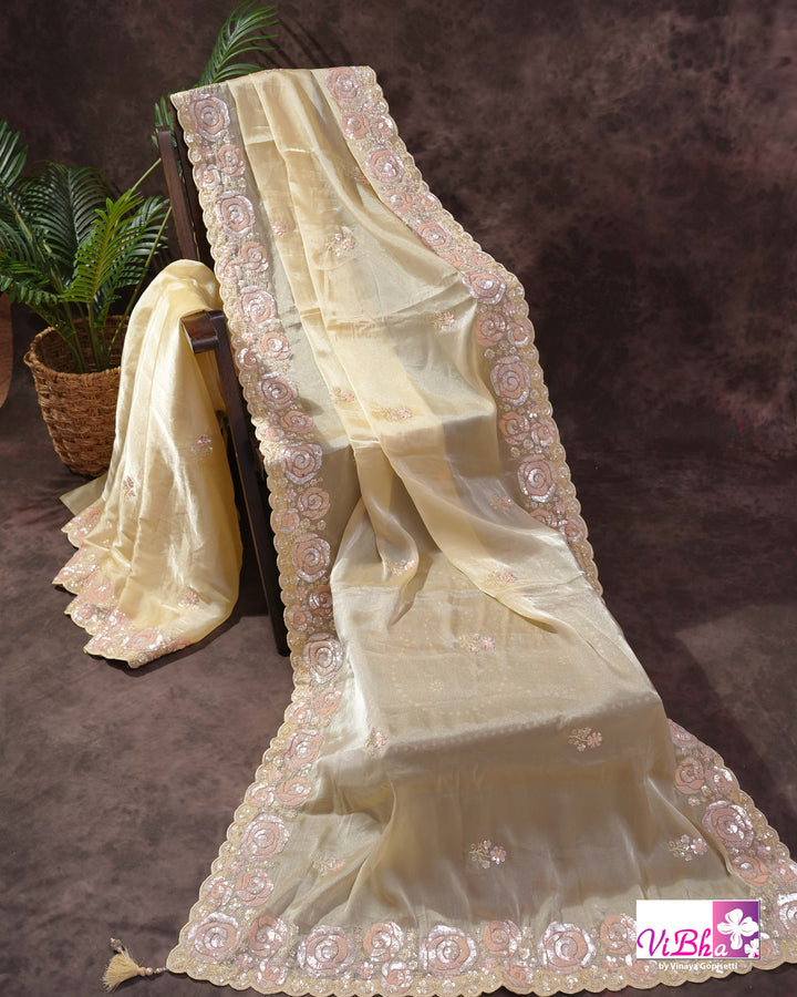 Butter Yellow Designer Saree with Blush Pink Floral Embellishments