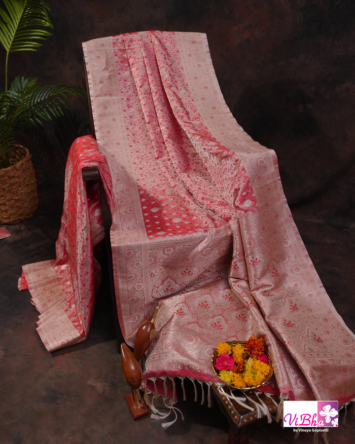 Pink and silver dual tone Jangla  saree
