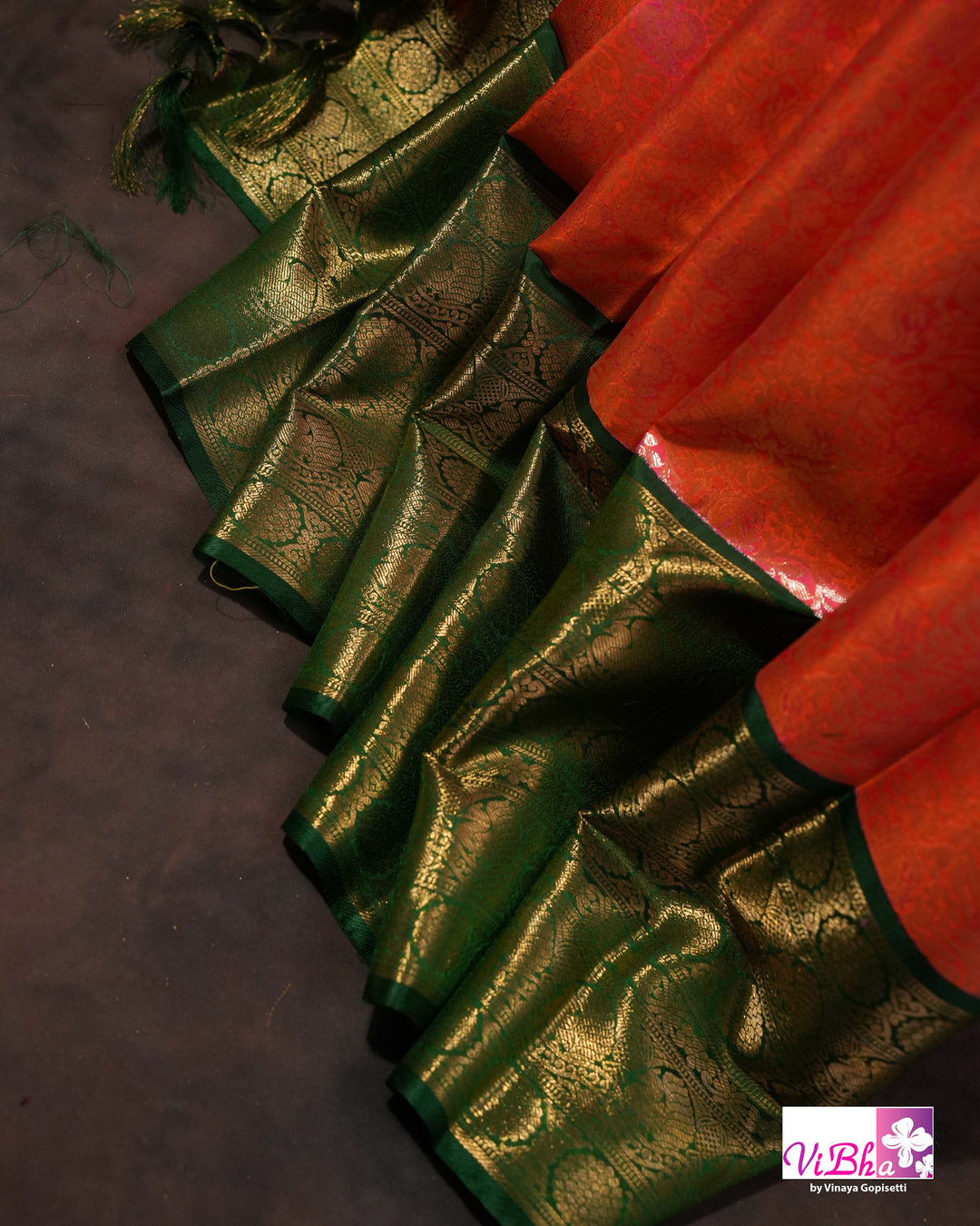 Coral Pink Kanchi Silk Saree with Floral Woven Design and Forest Green Gold Border