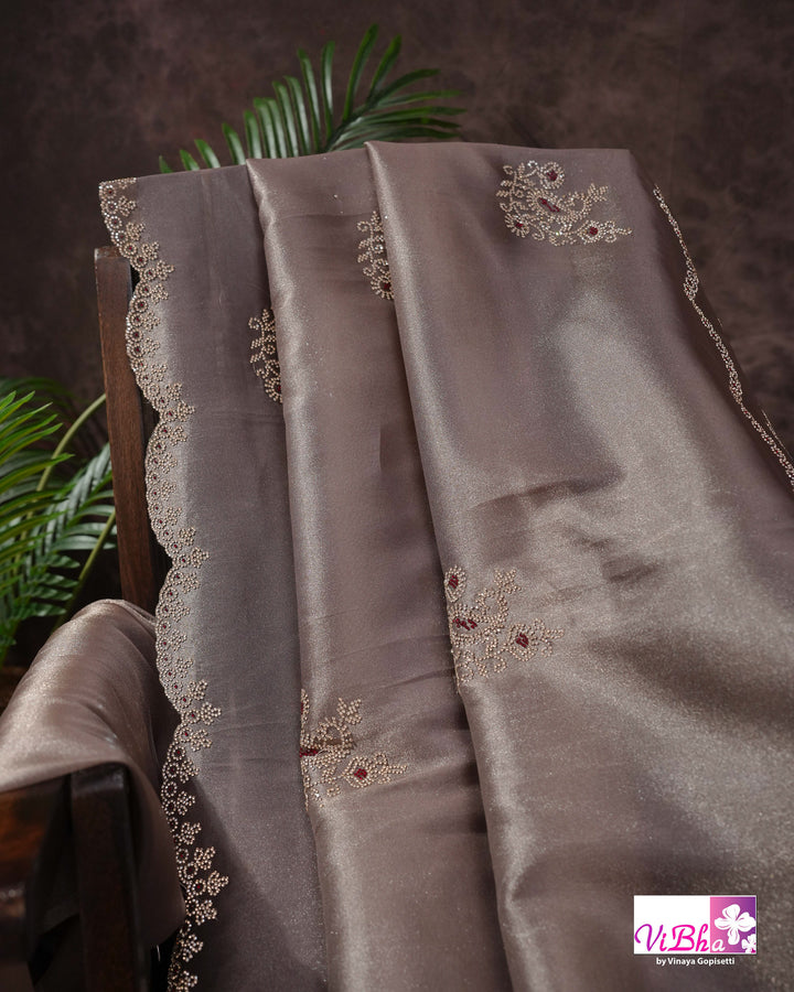 Taupe Shimmer Designer Saree with Ornamental Motifs and Scalloped Border