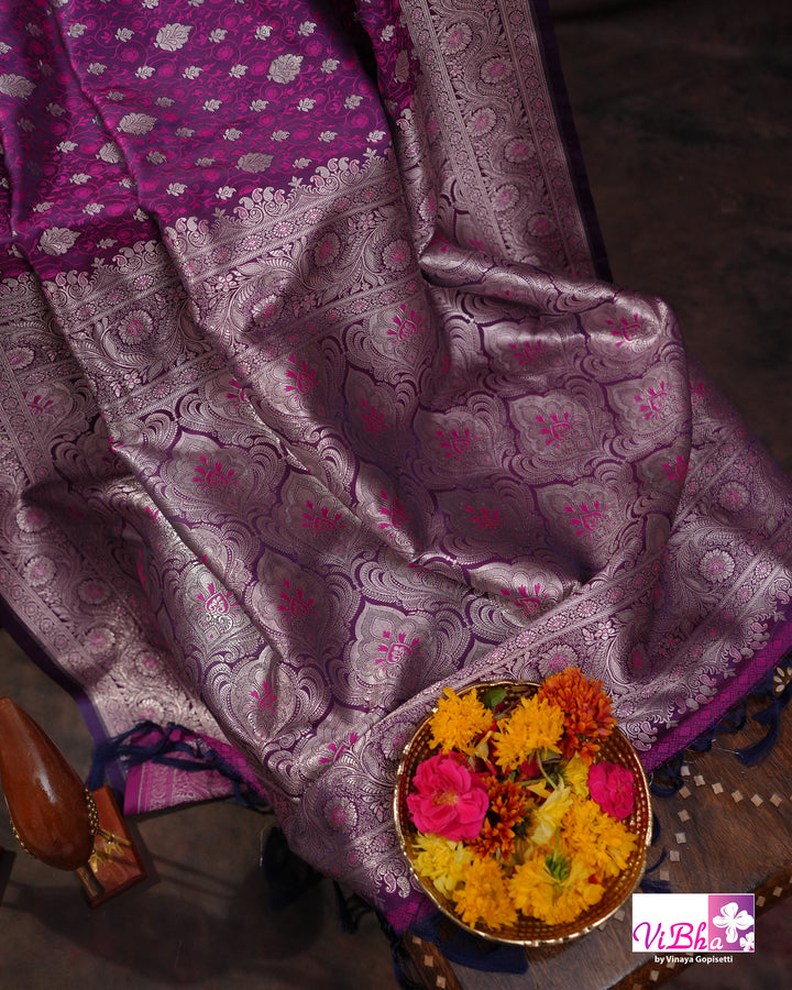 Dual tone purple Jangla Banarasi silk saree