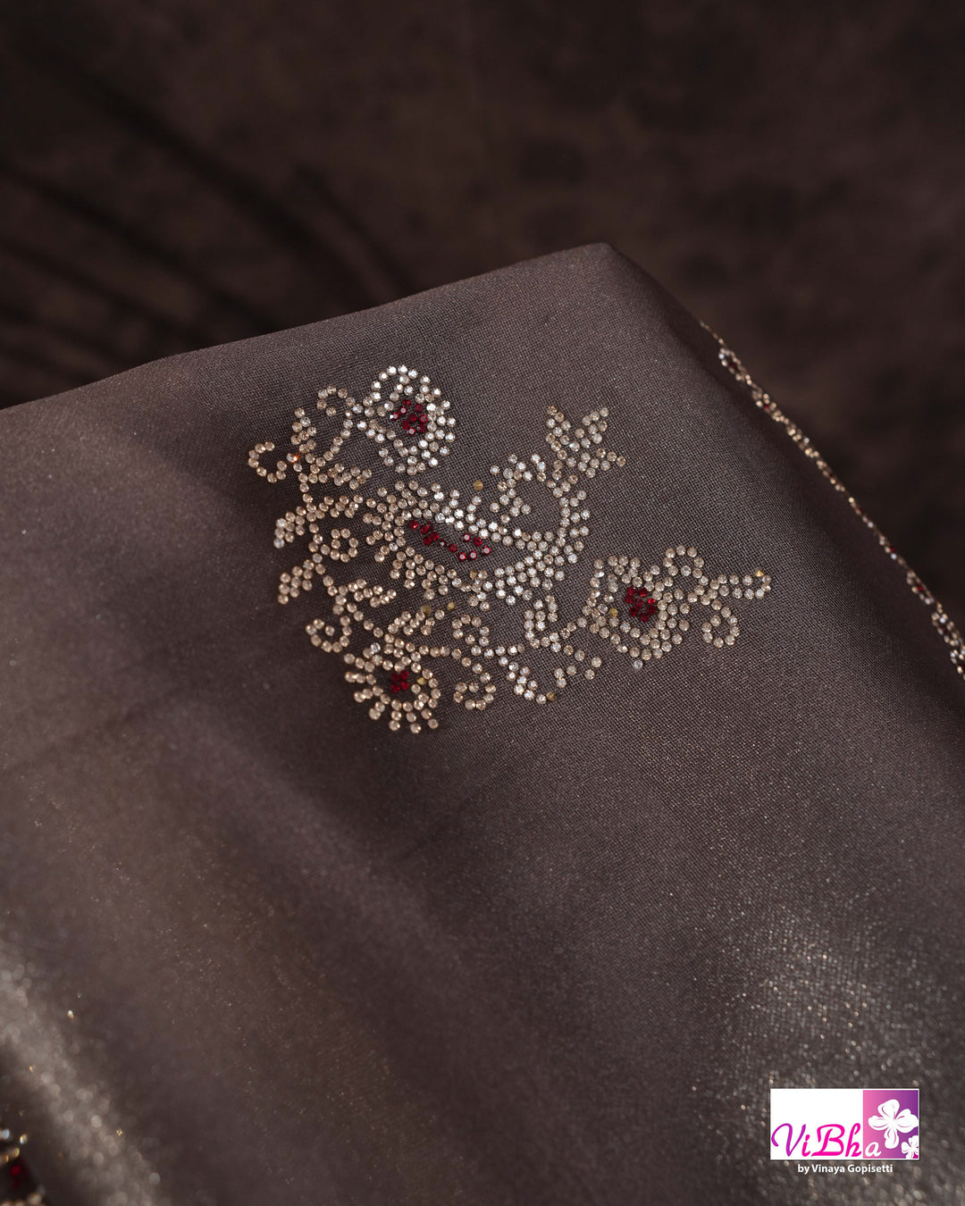 Taupe Shimmer Designer Saree with Ornamental Motifs and Scalloped Border