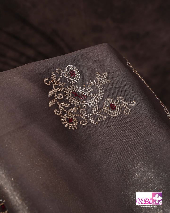 Taupe Shimmer Designer Saree with Ornamental Motifs and Scalloped Border