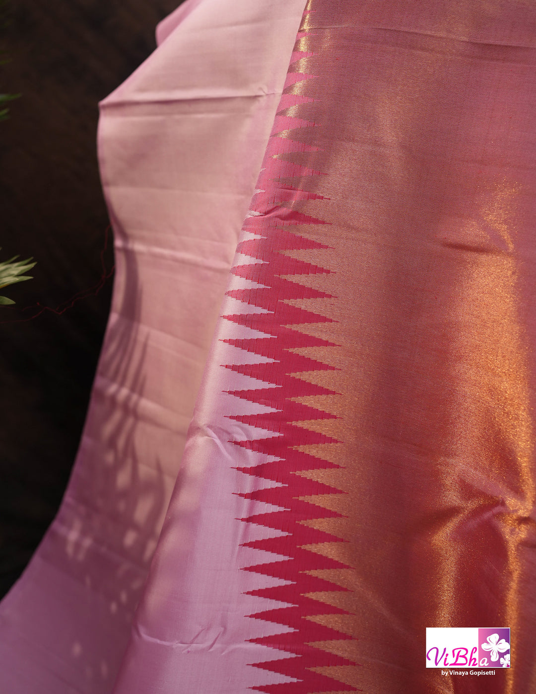 Baby Pink Kanchi Silk Saree with Blouse &amp; Zari Temple Border