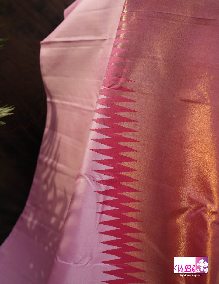 Baby Pink Kanchi Silk Saree with Blouse &amp; Zari Temple Border
