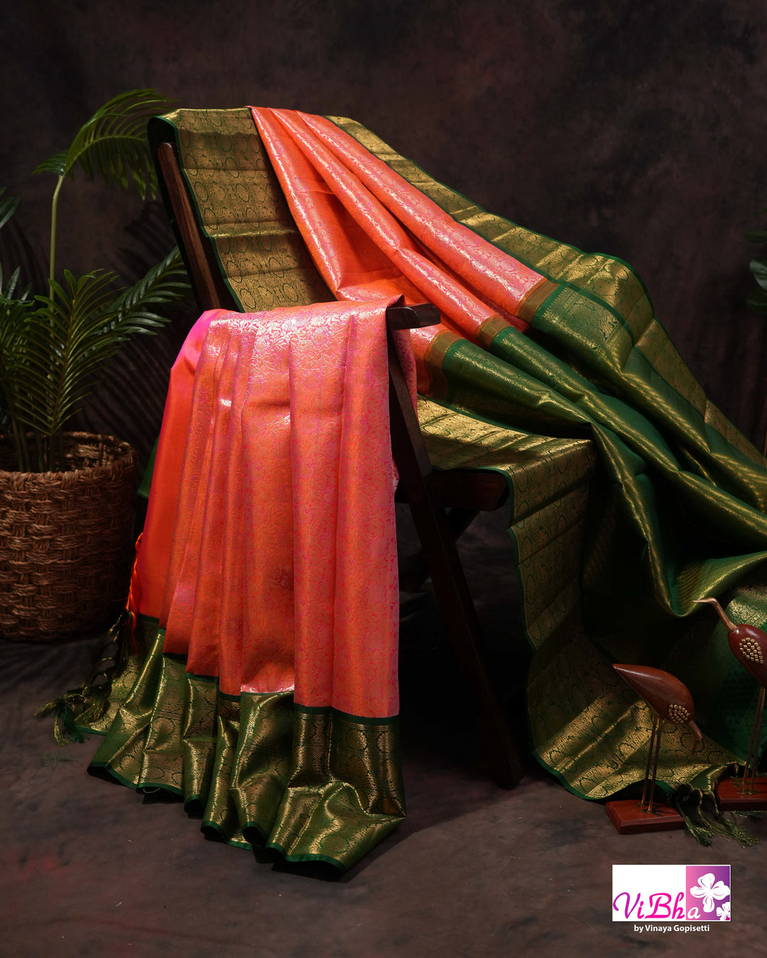 Coral Pink Kanchi Silk Saree with Floral Woven Design and Forest Green Gold Border