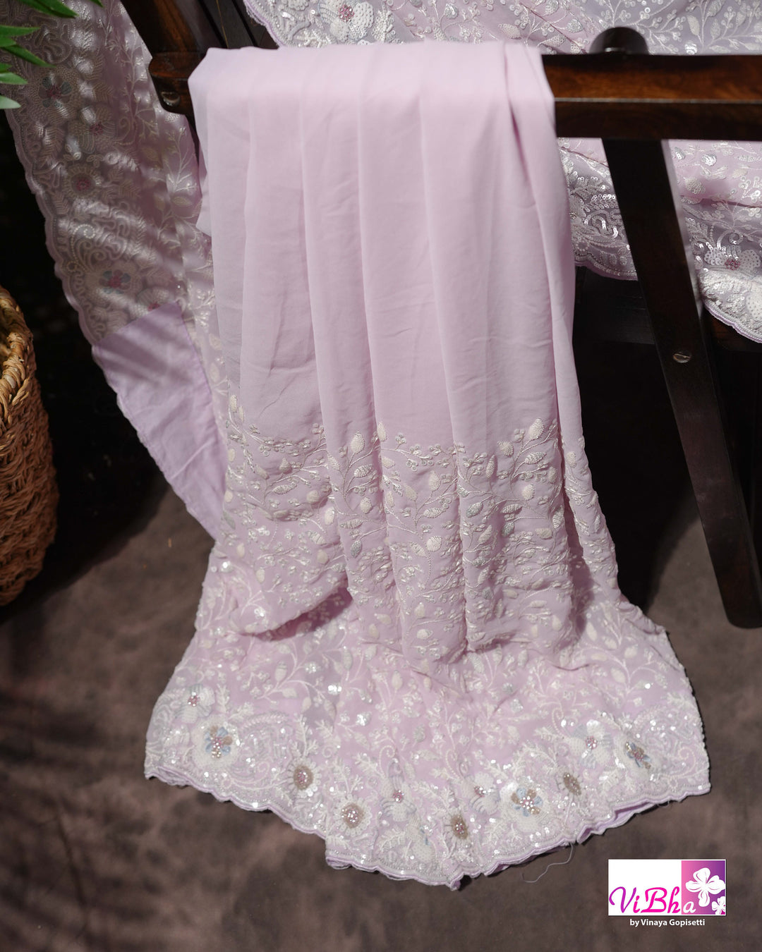 Pale Lilac Designer Saree with All-Over Floral Work and Scalloped Border