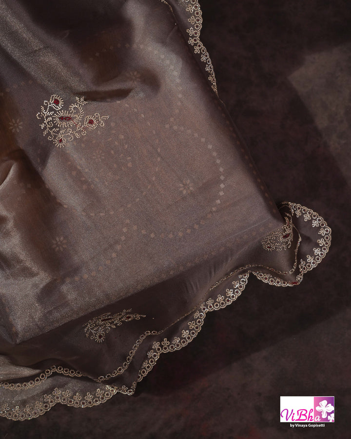 Taupe Shimmer Designer Saree with Ornamental Motifs and Scalloped Border