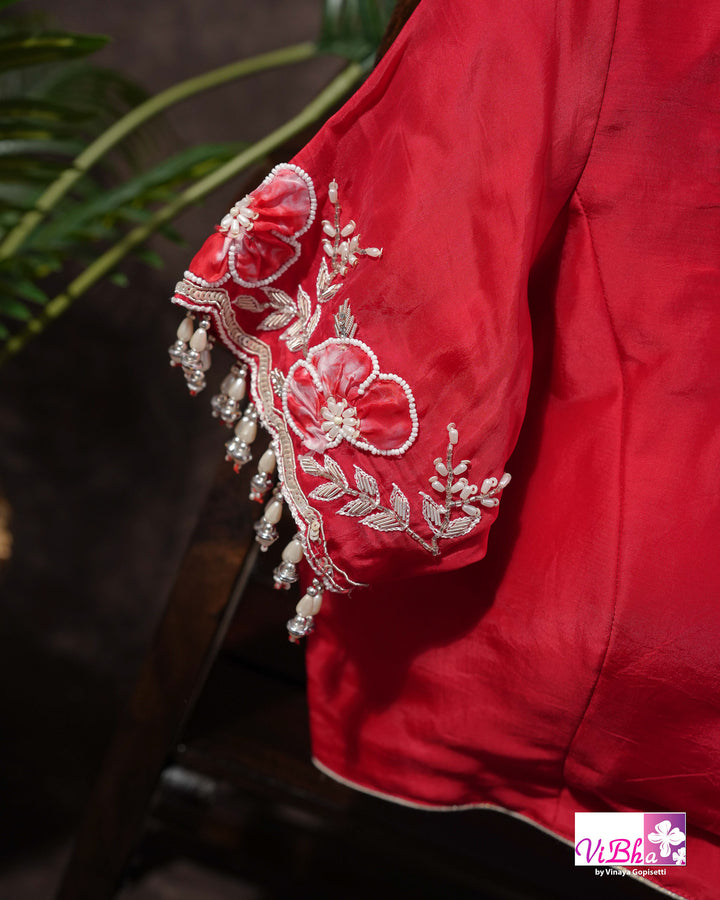 White and Red Designer Saree with Scalloped Floral Embellished Border