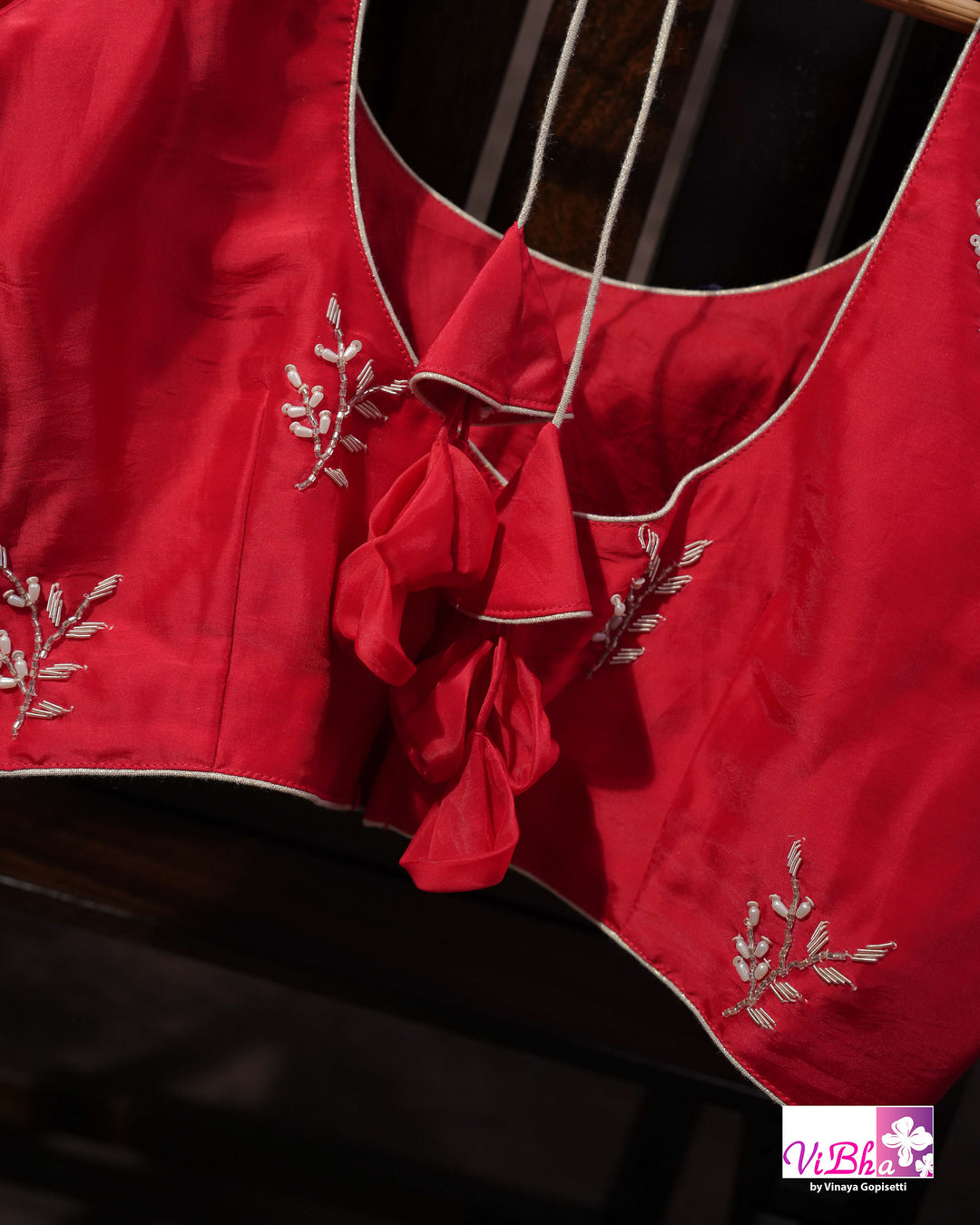 White and Red Designer Saree with Scalloped Floral Embellished Border