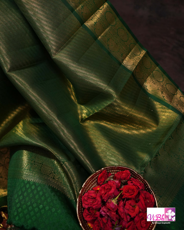 Coral Pink Kanchi Silk Saree with Floral Woven Design and Forest Green Gold Border