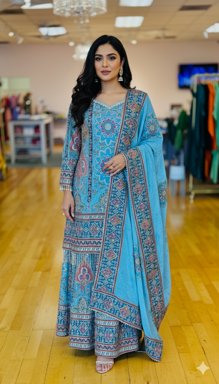 Sky Blue Multi-Floral Position Print Embroidered Gharara Set