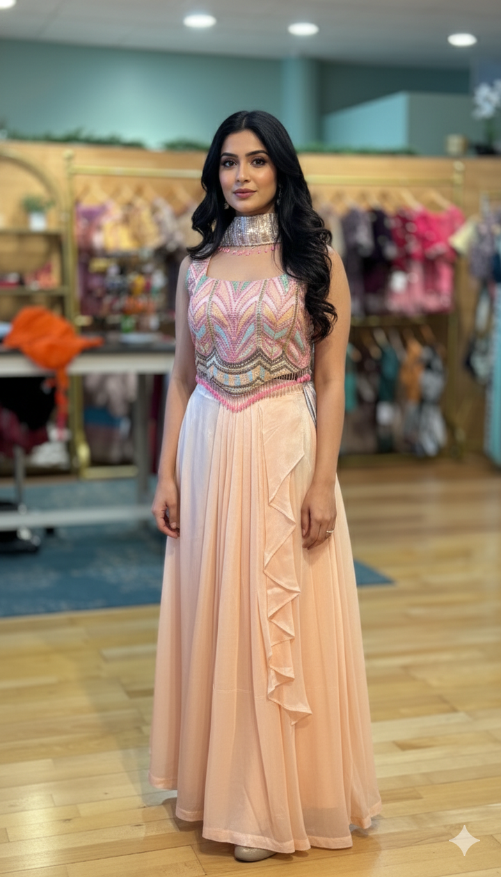 Pastel Peach Draped Skirt WIth Embroidered Top And Choker Dupatta