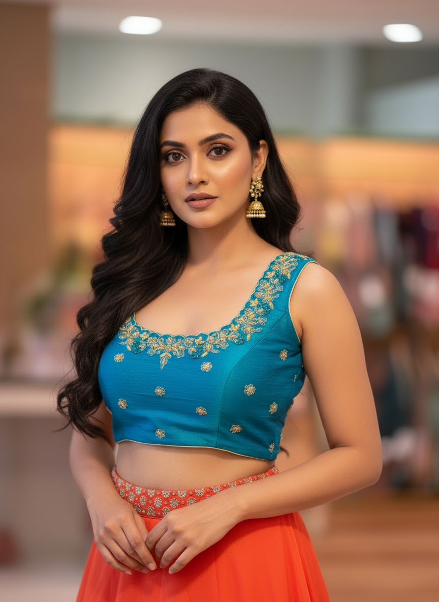 Deep Sky-Blue Hand-Embroidered Blouse