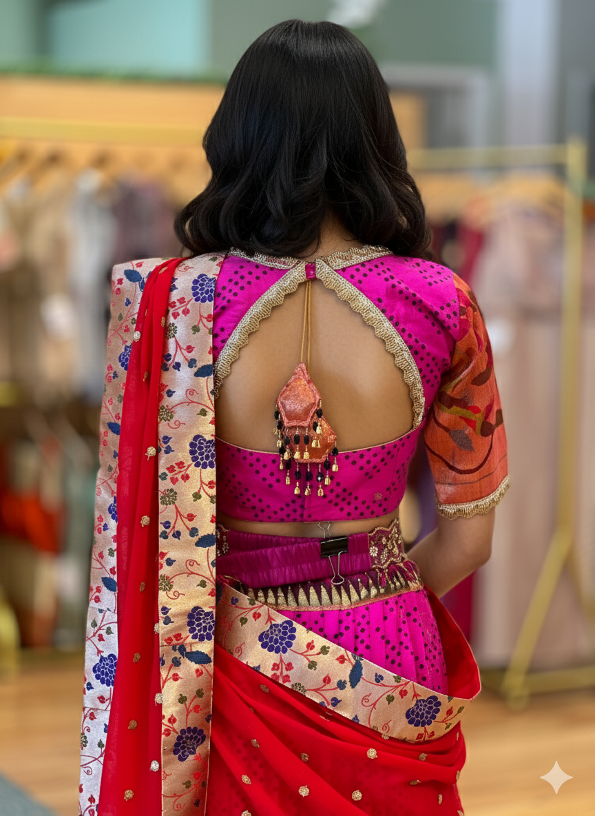 Hot Pink and Red Bandhani Paithani Silk Lehenga With Embroidered Borders And Red Paithani Silk Dupatta