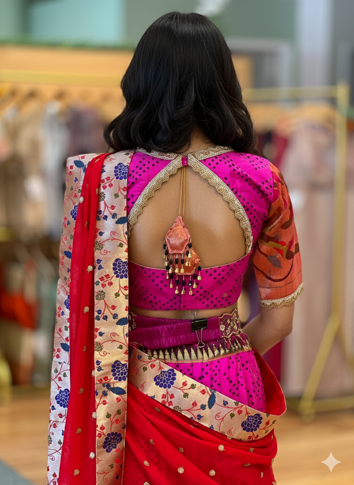 Hot Pink and Red Bandhani Paithani Silk Lehenga With Embroidered Borders And Red Paithani Silk Dupatta