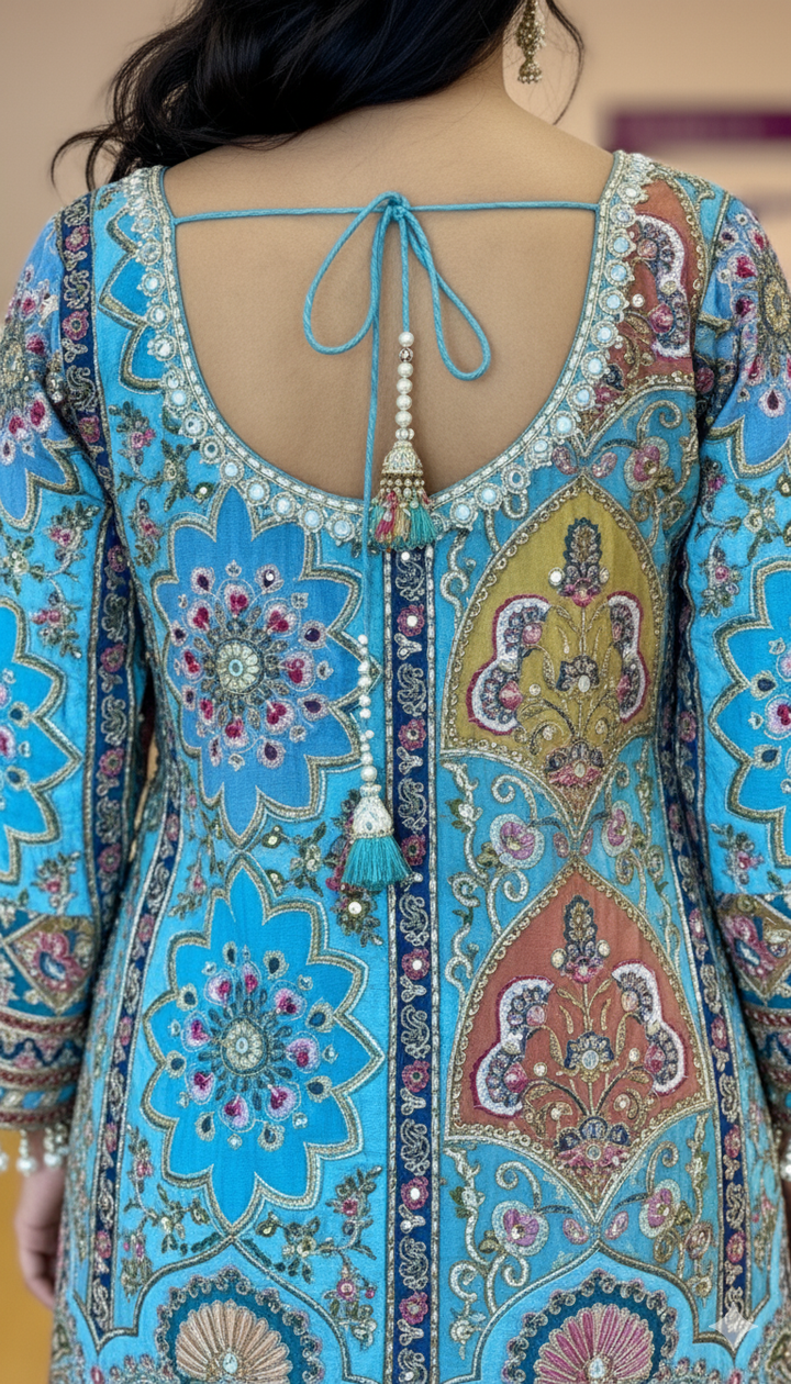 Sky Blue Multi-Floral Position Print Embroidered Gharara Set