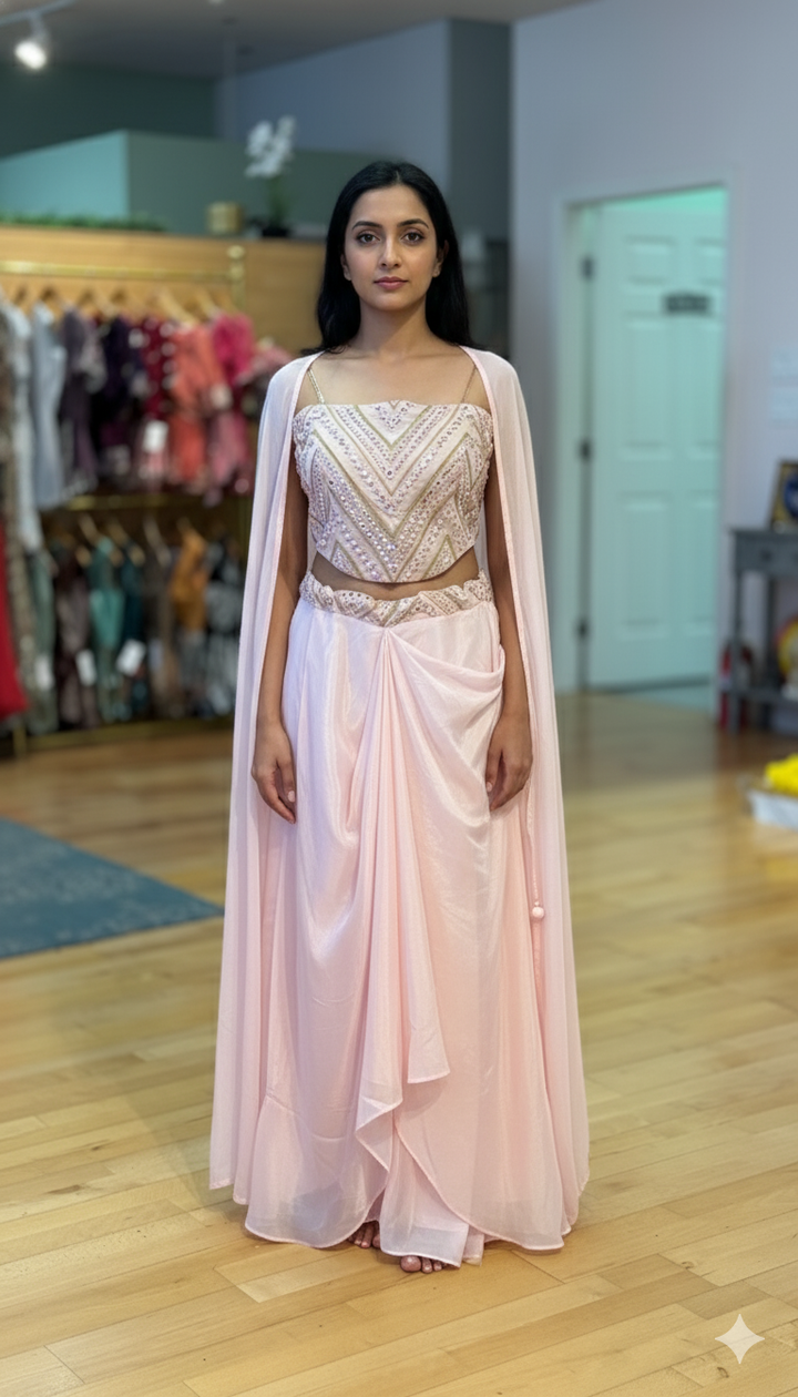 Pastel Pink Draped Skirt With Corset Blouse And Cape