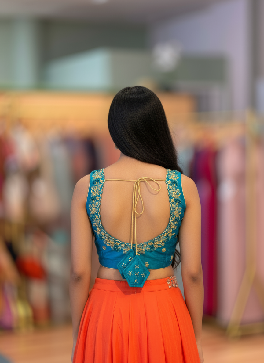 Deep Sky-Blue Hand-Embroidered Blouse