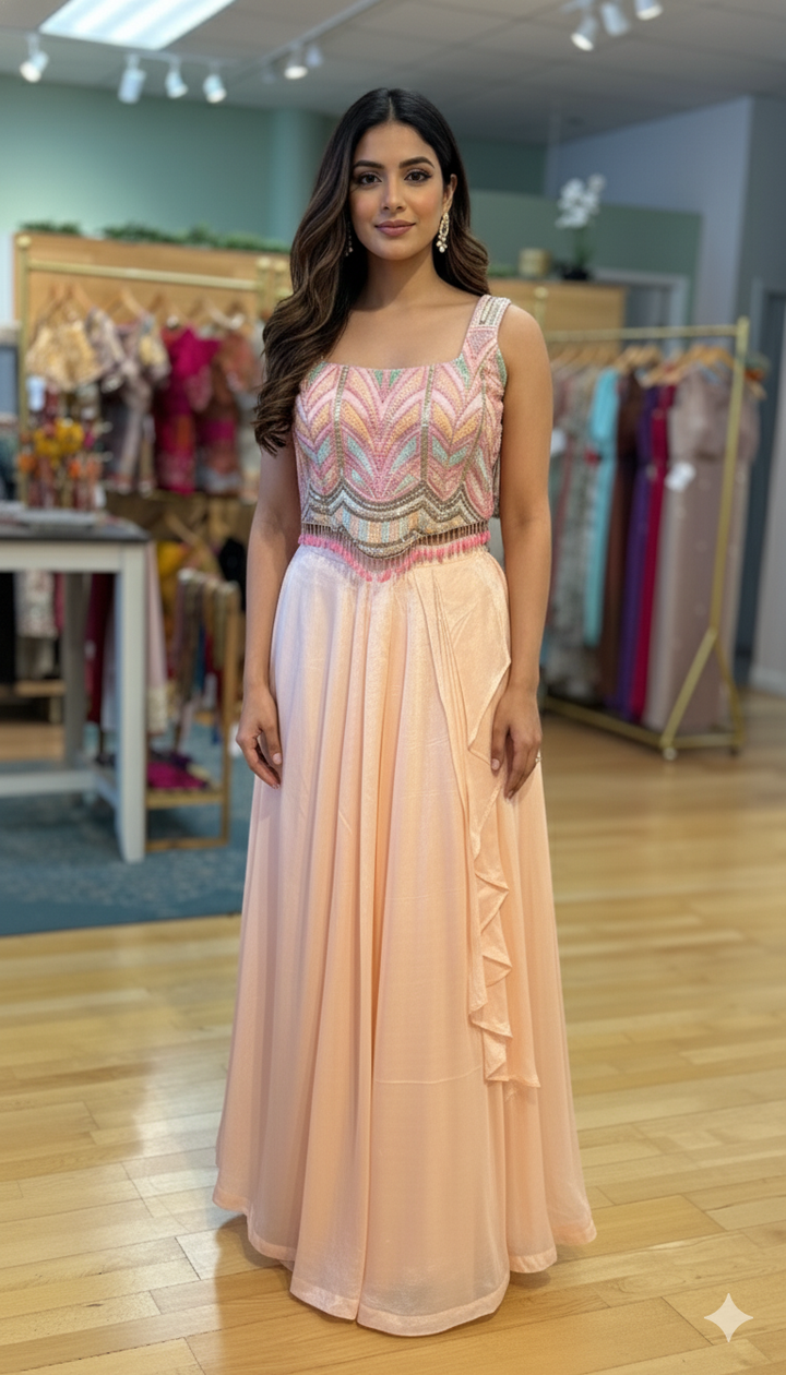 Pastel Peach Draped Skirt WIth Embroidered Top And Choker Dupatta