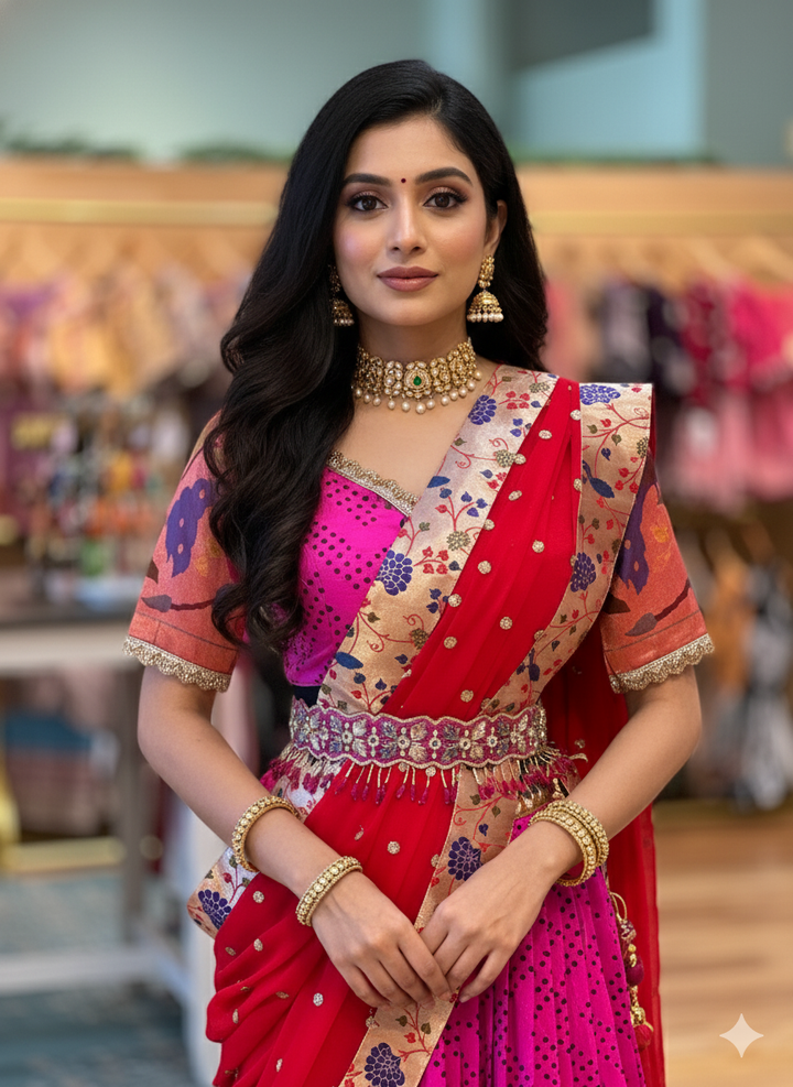 Hot Pink and Red Bandhani Paithani Silk Lehenga With Embroidered Borders And Red Paithani Silk Dupatta