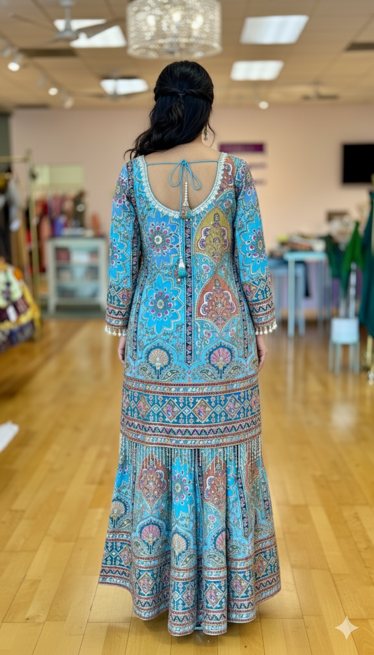 Sky Blue Multi-Floral Position Print Embroidered Gharara Set