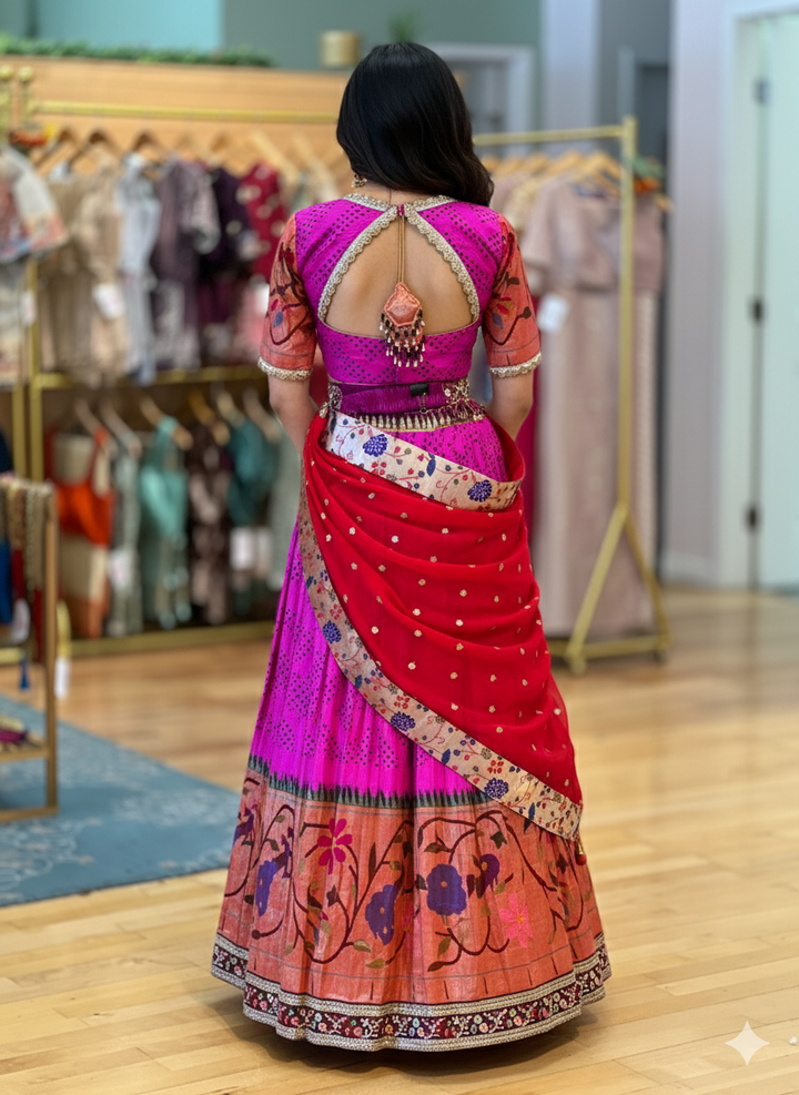 Hot Pink and Red Bandhani Paithani Silk Lehenga With Embroidered Borders And Red Paithani Silk Dupatta
