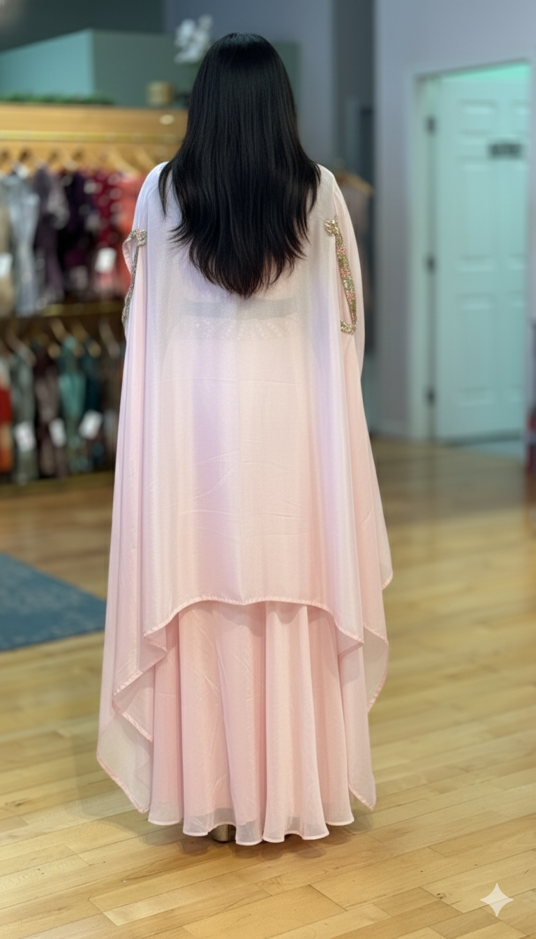 Pastel Pink Draped Skirt With Corset Blouse And Cape