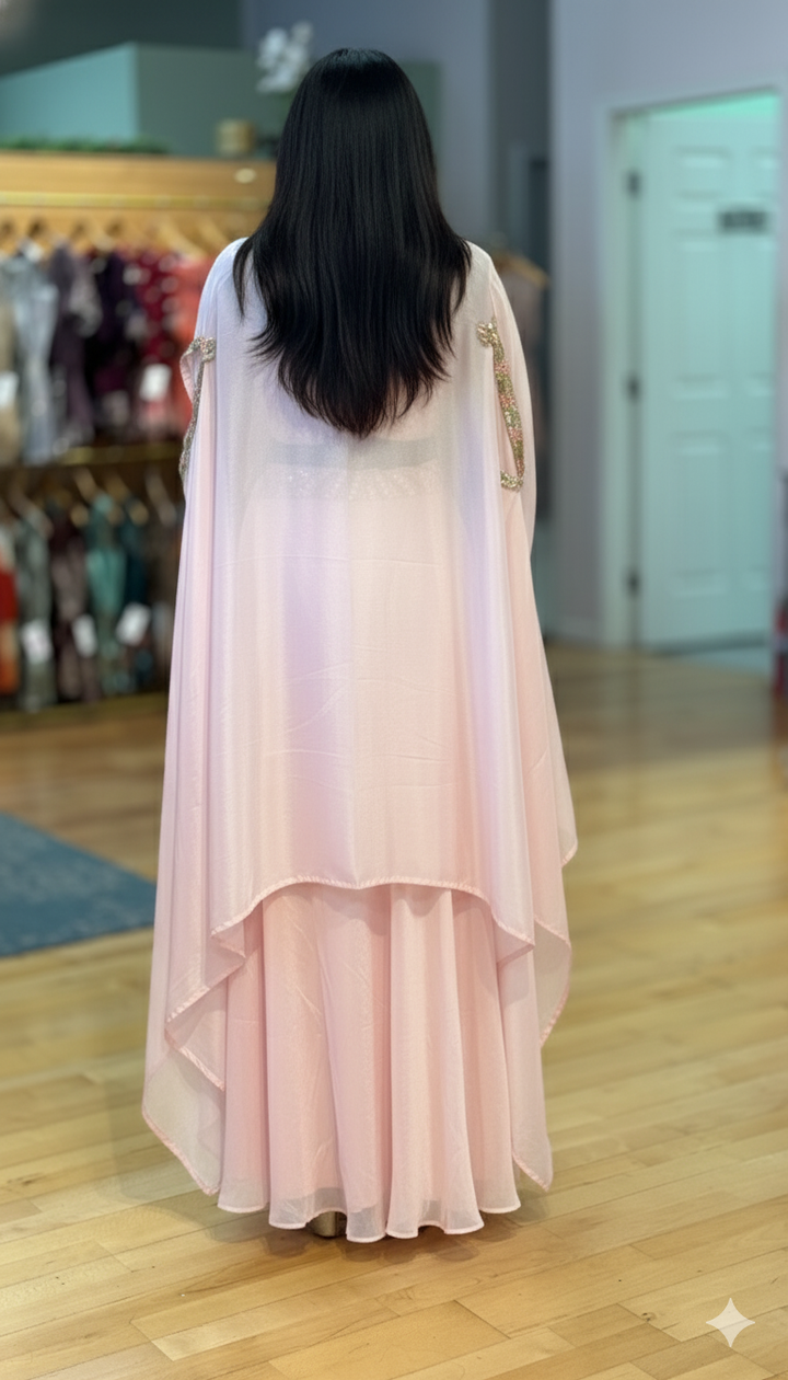 Pastel Pink Draped Skirt With Corset Blouse And Cape
