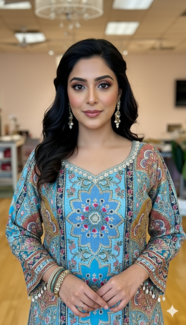 Sky Blue Multi-Floral Position Print Embroidered Gharara Set