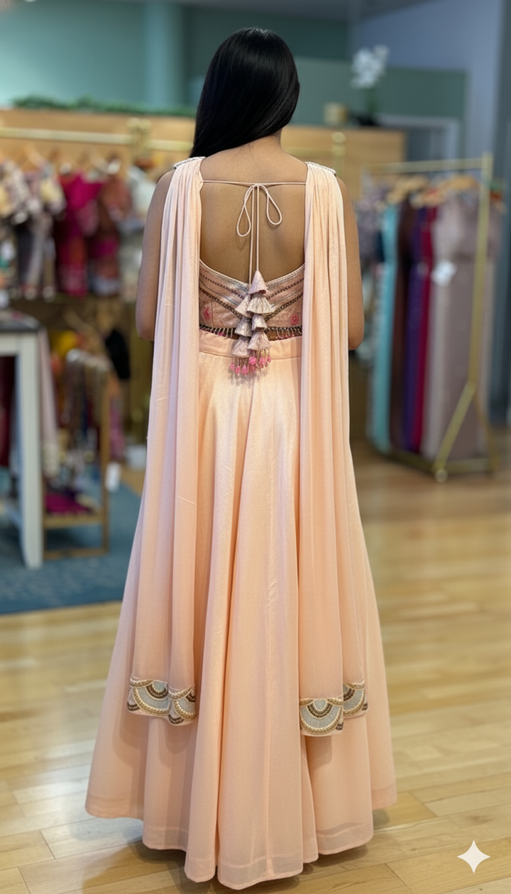 Pastel Peach Draped Skirt WIth Embroidered Top And Choker Dupatta