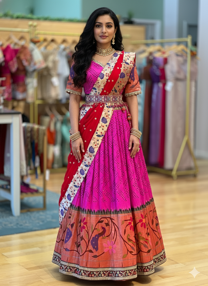 Hot Pink and Red Bandhani Paithani Silk Lehenga With Embroidered Borders And Red Paithani Silk Dupatta