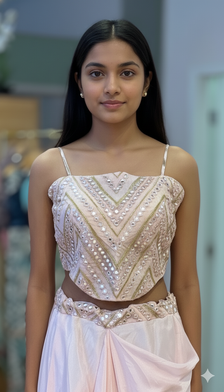 Pastel Pink Draped Skirt With Corset Blouse And Cape