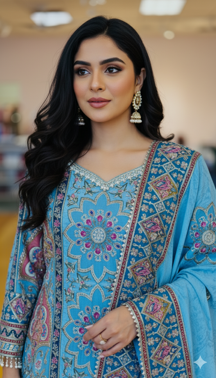 Sky Blue Multi-Floral Position Print Embroidered Gharara Set