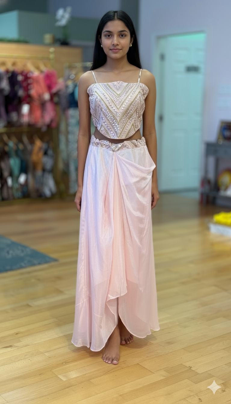 Pastel Pink Draped Skirt With Corset Blouse And Cape